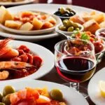 Mes de comida, con vino tinto