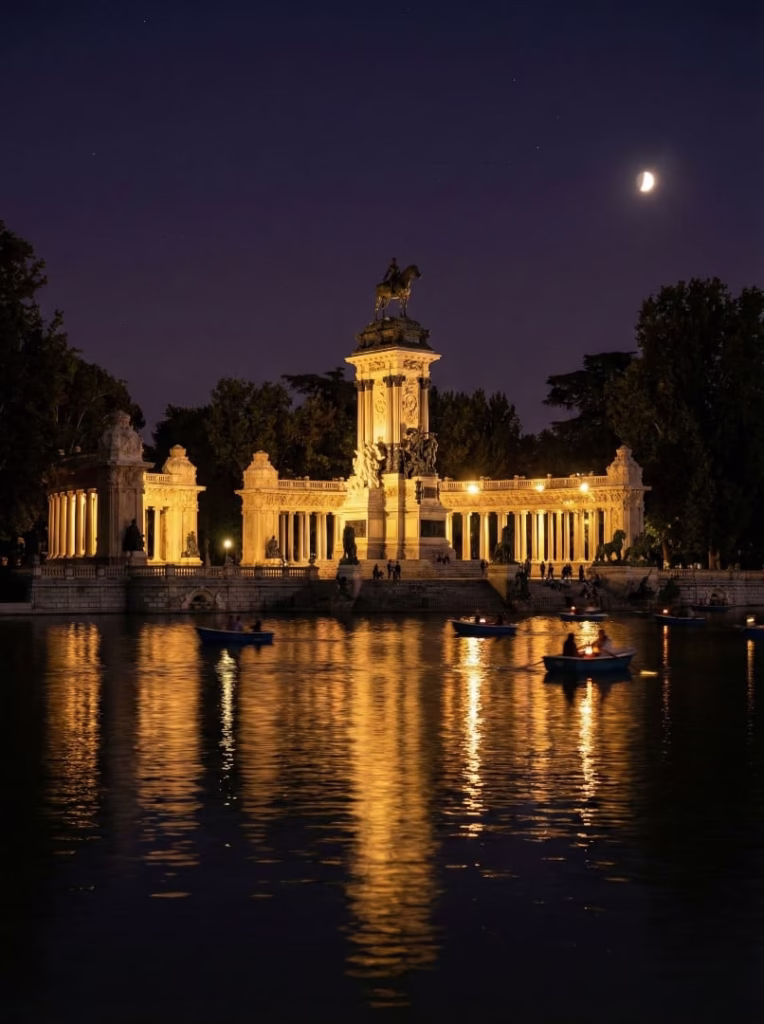 Barcas navegando en el Estanque Grande del Parque del Retiro por la noche con el Monumento a Alfonso XII iluminado al fondo