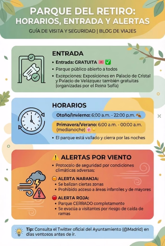 Infografía con horarios de apertura, precio de entrada gratuita y alertas por viento del Parque del Retiro en Madrid