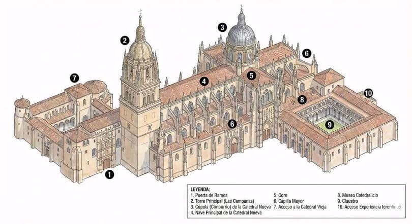 plano ilustrado de la catedral de salamanca con puerta de ramos nave coro claustro y acceso a ieronymus.