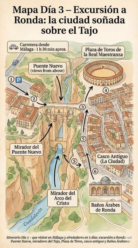 Mapa del Día 3 del itinerario sobre qué visitar en Málaga y alrededores en 5 días, con un plano ilustrado de Ronda que marca el Puente Nuevo, los miradores del Tajo, la Plaza de Toros, el casco antiguo y los Baños Árabes