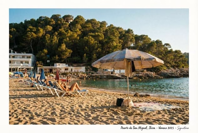 Vista de la playa del Puerto de San Miguel Ibiza, rodeada de acantilados y cerca de la Cueva de Can Marçà.