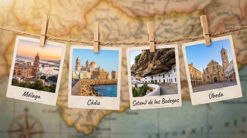 Collage de cuatro fotos tipo polaroid con Málaga, Cádiz, Setenil de las Bodegas y Úbeda sobre un mapa, mostrando algunos de los mejores sitios de Andalucía para una escapada de fin de semana
