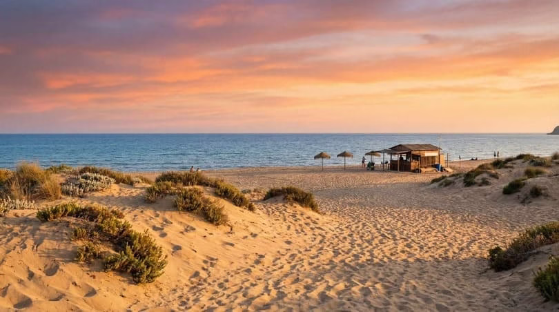 Atardecer en una playa de arena dorada con dunas, chiringuito y sombrillas frente al mar, uno de los sitios bonitos de playa en Andalucía para ir de vacaciones