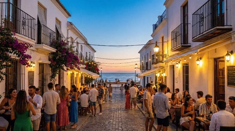 Calle andaluza junto al mar llena de terrazas y luces al atardecer, uno de los sitios en Andalucía para ir de vacaciones si buscas fiesta en la playa y en la ciudad.