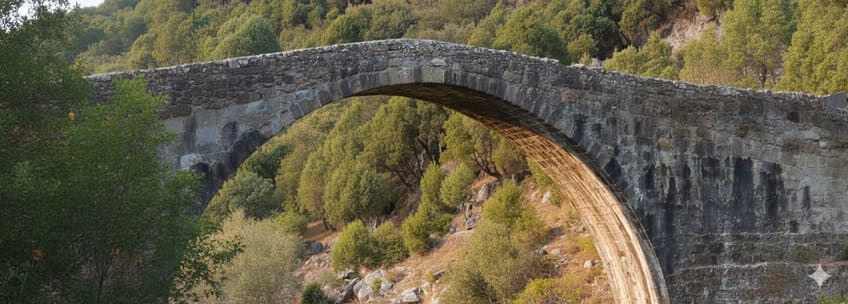 Puente de arco de piedra sobre un terreno arbolado en Aldeanueva de la Vera, ideal para turismo rural.