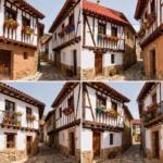 Casas tradicionales de los pueblos de La Vera con arquitectura verata de entramado de madera, adobe y balcones con flores típicos de Cáceres