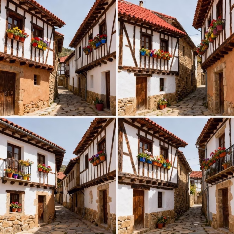 Casas tradicionales de los pueblos de La Vera con arquitectura verata de entramado de madera, adobe y balcones con flores típicos de Cáceres