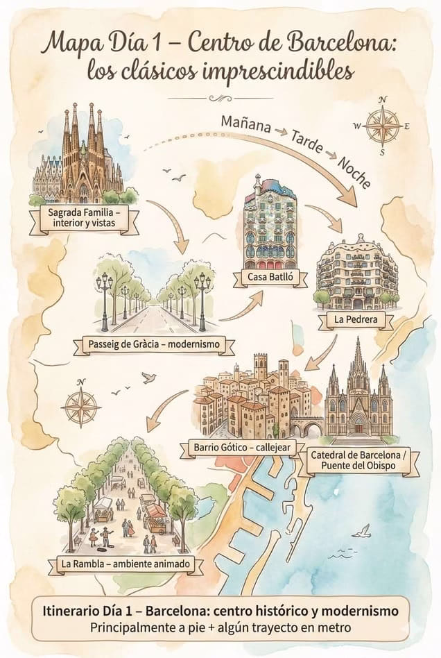 Mapa ilustrado del Día 1 en Barcelona con la ruta por Sagrada Familia, Passeig de Gràcia, Casa Batlló, La Pedrera, Barrio Gótico, Catedral y La Rambla
