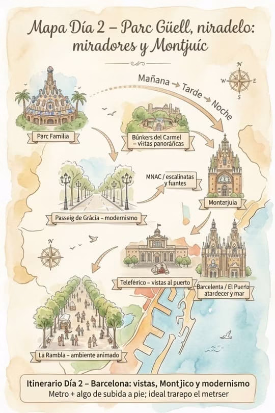 Mapa ilustrado del Día 2 en Barcelona con ruta por Parc Güell, miradores, Montjuïc y paseo final junto al mar.
