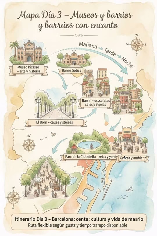 Mapa ilustrado del Día 3 en Barcelona con un recorrido por museos, barrios con encanto, parques y zona de tapas o mirador final.